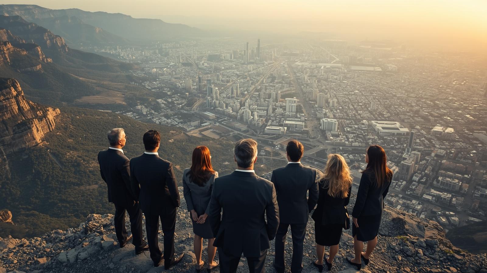 Professional team overlooking a city
